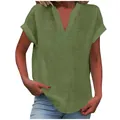 Detailed view of women's olive green V-neck blouse with textured fabric and rolled sleeves - Army Green