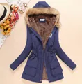 Women's winter navy blue fleece-lined parka jacket with faux fur hood and drawstring waist - Navy Blue