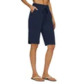 Vue détaillée d'un short décontracté en coton et lin bleu marine avec cordon de serrage - Bleu marine