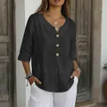 Close-up of black summer linen-texture shirt with wooden buttons and V-neck - S / Tops / Black