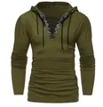Felpa con cappuccio vintage verde oliva da uomo con inserti in pelle e lacci sul collo - Taglia S / Top / Verde militare