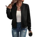 Women's black textured zip-up bomber jacket with baseball collar for casual daily fall fashion - S / Tops / Black