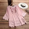 Pink cotton-linen blouse with V-neck, floral embroidery, and delicate lace trim detail. - S / Tops / Pink