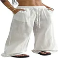 Detail view of white wide-leg cotton linen trousers with elastic waist and drawstring. - S / Bottoms / Ivory