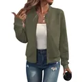 Women's textured olive green bomber jacket with full zipper and baseball collar design - S / Tops / Army Green