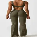 Backless olive green yoga jumpsuit with flared legs and slimming cutout back design - Dark Green