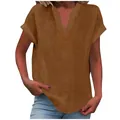 Close-up of women's casual V-neck solid brown summer blouse with linen texture - Coffee