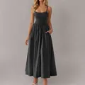 Elegant black smocked waist maxi dress with adjustable straps and functional pockets - S / Dresses / Black