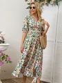Detailed view of women's floral print dress with V-neck and puff sleeves - Multicolor Floral (Color 2)