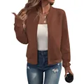 Women's casual brown zip-up bomber jacket featuring a stylish textured diamond pattern. - S / Tops / Caramel color