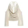 Detail view of elegant backless top featuring draped cowl neck and decorative gold metal chains - M / Tops / Apricot
