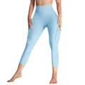 Detail view of light blue cargo yoga pants with high waist and side pockets for women - S / Bottoms / Sky Blue