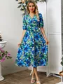 Elegant floral print V-neck midi dress with short puff sleeves and high waist for women - Dark Blue Floral (Color 1)