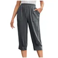 Front detail of loose dark grey cotton linen capri pants with pockets and waist - S / Bottoms / Dark Gray