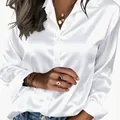 Chemise élégante en satin blanc brillant à manches longues pour femmes - 1XL / Hauts / Blanc