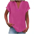 Close-up detail of magenta V-neck short sleeve blouse for women with soft linen texture. - Rose Red