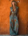 Full view of stylish boho floral print V-neck jumpsuit for women in summer fashion style. - S / Set / Blue