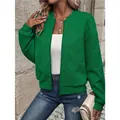 Women's green textured zip-up bomber jacket with a casual baseball collar design - Green