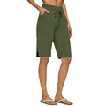 Short décontracté en coton et lin vert olive pour femme avec cordon de serrage et poches - Vert Militaire