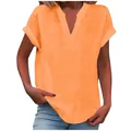Summer solid orange V-neck short sleeve shirt for women with breathable linen texture - Orange Red