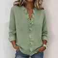 Women's sage green long sleeve cotton shirt with ruffle V-neck and frill detail - Light Green