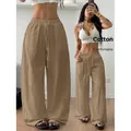 Casual and comfortable cotton linen wide leg trousers for women with elastic drawstring waist - S / Bottoms / Camel
