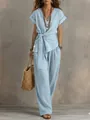 Set due pezzi azzurro casual con top con scollo a V e lacci e pantaloni a gamba larga - Taglia S / Parte Superiore e Parte Inferiore / Azzurro