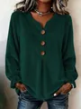 Detailed view of women's dark green velvet long-sleeve shirt with V-neck and buttons - S / Tops / Green