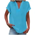 Detailed visual of light blue V-neck short sleeve women's summer shirt with rolled cuffs - Lake Blue