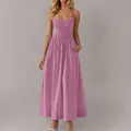 Elegantes malvenfarbenes Maxikleid mit geraffter Brust, Trägern und Seitentaschen - Hellrosa