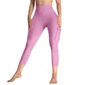 Detailed view of pink high-waisted cargo yoga leggings featuring functional side pockets - S / Bottoms / Pink