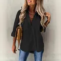 Classic black long sleeve button-down blouse for women with front pockets and lapel - S / Tops / Black