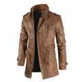 Classic men's brown mid-length faux leather trench coat with stand collar and zipper detail - L / Tops / Tan