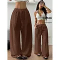 Brown cotton linen wide-leg trousers for women with a comfortable drawstring waist - S / Bottoms / Coffee
