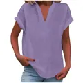 Detail view of the textured purple linen-look short sleeve V-neck summer blouse for women - Light Purple