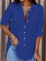 Royal blue mid-length button-down shirt for women with roll-up sleeves and slits - Dark Blue