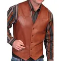 Detail view of a men's retro brown leather vest with single-breasted buttons - S / Tops / Brown