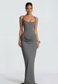 Elegant grey bodycon maxi dress with corset detail and draped skirt for women. - Gray