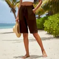 Short de plage décontracté en coton et lin marron avec cordon de serrage et poches - Café