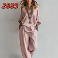 Bohemian linen two-piece set with off-the-shoulder top and wide-leg pants in dusty pink - S / Top And Bottom / Pink