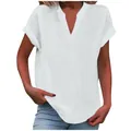 Detailed view of women's white summer blouse showing linen-like texture and V-neck design - 3XL / Tops / White