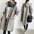 Elegant casual women's mid-length hooded trench coat with adjustable drawstring waist - Light Gray