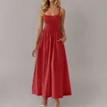 Elegant red shirred camisole maxi dress featuring adjustable straps and side pockets. - S / Dresses / Brick Red