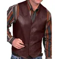 Close-up of vintage single-breasted brown leather vest for men - S / Tops / Burgundy