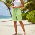 Short décontracté en coton et lin vert clair pour femme avec cordon de serrage et poches - Vert Fluorescent
