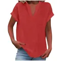 Close-up of red V-neck linen-textured short sleeve blouse for women - Red