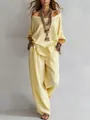 Summer casual yellow linen two-piece set featuring off-shoulder top and wide-leg pants - S / Top And Bottom / Yellow