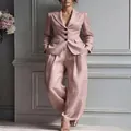 Elegant women's dusty pink single-breasted blazer and wide-leg trousers suit set - S / Top And Bottom / Lotus Pink
