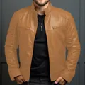 Gedetailleerd overzicht van camel heren slim fit kunstlederen jas met opstaande kraag - Khaki