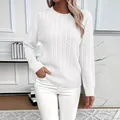 Elegant white women's long sleeve classic cable knit round neck sweater for casual wear - White
